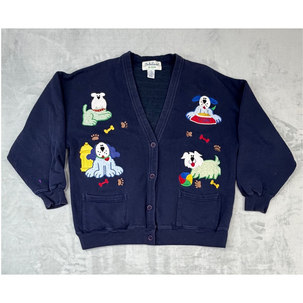 BellePointe Womens Fleece Cardigan Grandmacore Dog Lover Novelty XL Navy Blue